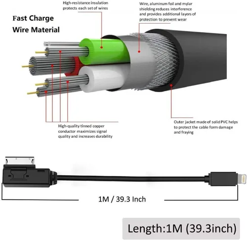 Vista 3 de Cable adaptador de carga de audio para automóvil compatible con Apple iPhone 14 13 12 11 Xs Max XR X 8 7 6 para Audi A3/A4/A5/A6/A8/S4/S6/S8/TT, AMI