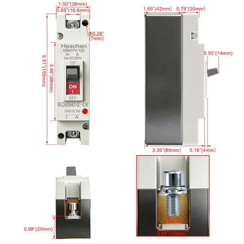 Vista 2 de Heschen 63A DC250V, disyuntor de caja moldeada CC MCCB, 1 polos, HSM1PV-125, disyuntor fotovoltaico, para sistema solar fotovoltaico sistema de red