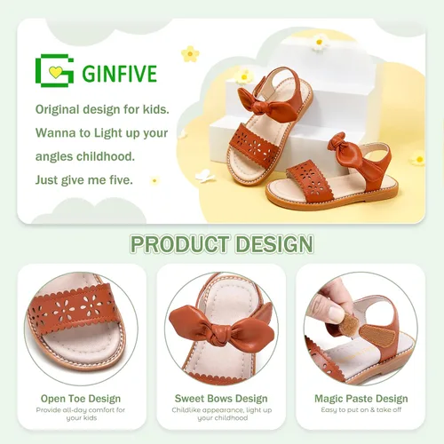 Vista 5 de GINFIVE Sandalias planas para niñas pequeñas, zapatos de vestir con punta Gf361-marrón