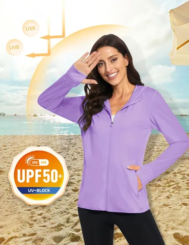 Vista 2 de MAGCOMSEN Chaqueta de protección solar UPF 50+ para mujer, manga larga, con cremallera, ligera, con capucha, para senderismo