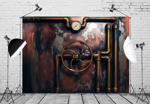 Vista 2 de BELECO Telón de fondo de fotografía Steampunk retro oxidado, de 5 x 3 pies, tubos de vapor de metal viejo, medidor de presión, fondo de máquina
