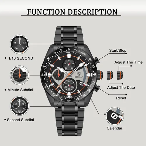 Vista 3 de BY BENYAR Men Watch Quartz Chronograph Stainless Steel Strap Analogue Date Display Sports Leisure Business 30M Waterproof Elegant Gifts for Men