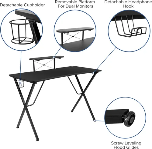 Vista 4 de Flash Furniture Juego de escritorio para juegos negro y silla de carreras blanco/negro con soporte para tazas, gancho para auriculares y soporte
