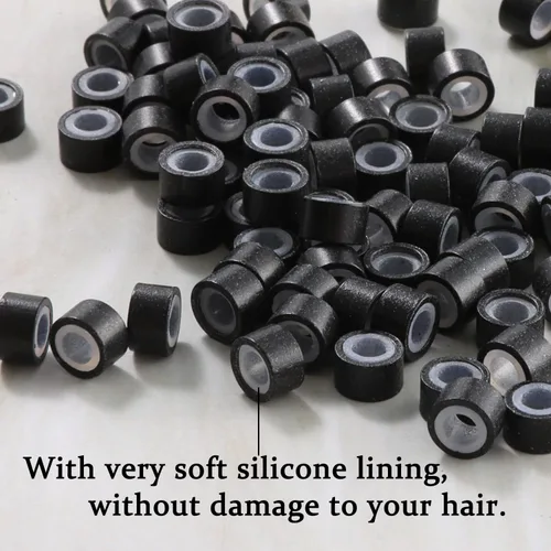 Vista 3 de Anillas de microenlace de 4 mm con forro de silicona, cuentas de oropel para extensiones de pelo, 300 unidades, color negro