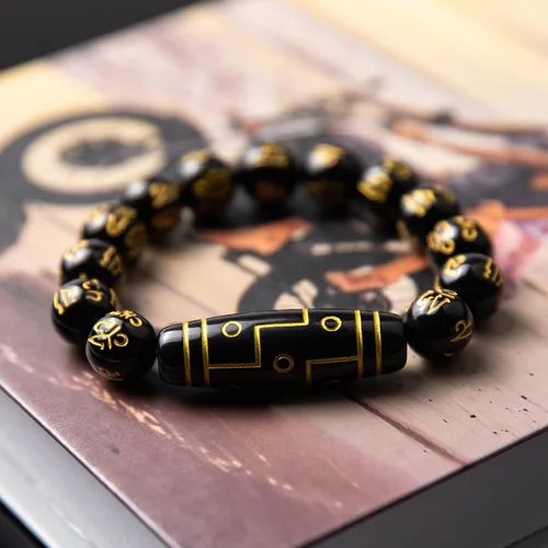 Vista 3 de Fardtry Obsidian Sánscrito Feng Shui Pulsera negra Lucky Fortune con caja de regalo premium negro