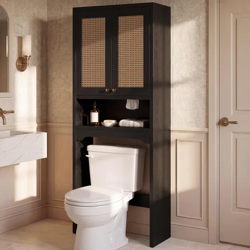 Vista 9 de Over the Toilet Storage Cabinet with Rattan Door & Adjustable Shelf, Blue