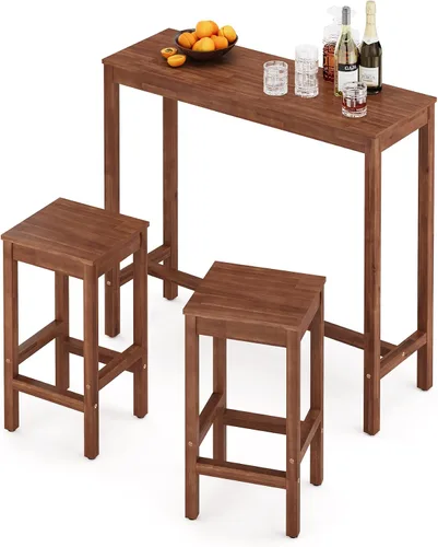 Vista 11 de Taburetes de bar de 26 pulgadas, juego de 2 sillas de bar, asiento de encimera de cocina con reposapiés, taburetes de madera de acacia para comedor