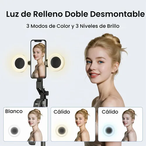 Vista 3 de Trípode para selfie de seguimiento automático de 70.9 pulgadas para iPhone y Android con luces, sin aplicación, trípode de rotación de 360° que