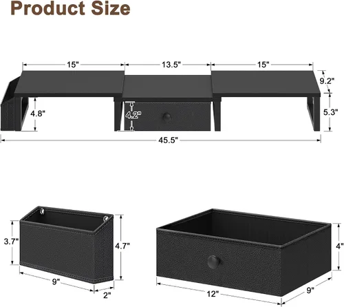 Vista 7 de LAND·VOI Soporte Dual para Monitor con Cajón y Bolsillos Laterales, Elevador de Monitor para Escritorio, Almacenamiento para Escritorio de Oficina