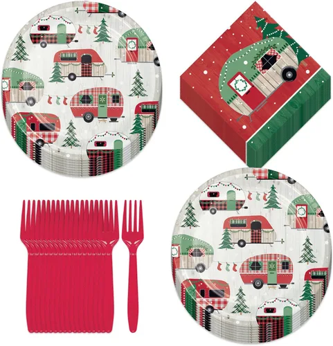 Vista 7 de HOME & HOOPLA Platos y servilletas de papel grandes para fiesta de Navidad, diseño calmado y brillante en verde y dorado moderno (para 16 personas)