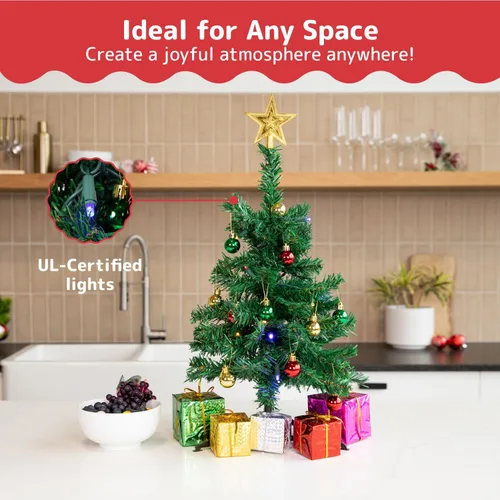 Vista 6 de PREXTEX - Mini árbol de Navidad de 23 pulg DIY con luces - Pequeños adornos de Navidad de mesa Árbol de Navidad de mesa con luces LED multicolor