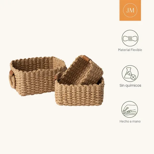 Vista 5 de LA JOLIE MUSE Pequeñas cestas de mimbre para organizar, contenedores de almacenamiento de cuerda de papel reciclado para estantes, armarios de baño