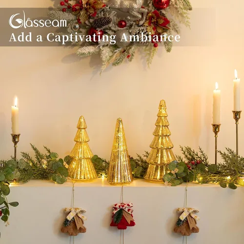 Vista 3 de Glasseam Centros de mesa de Navidad dorados para mesa: juego de 3 árboles de Navidad de vidrio de mercurio con luces, árboles de Navidad de mesa