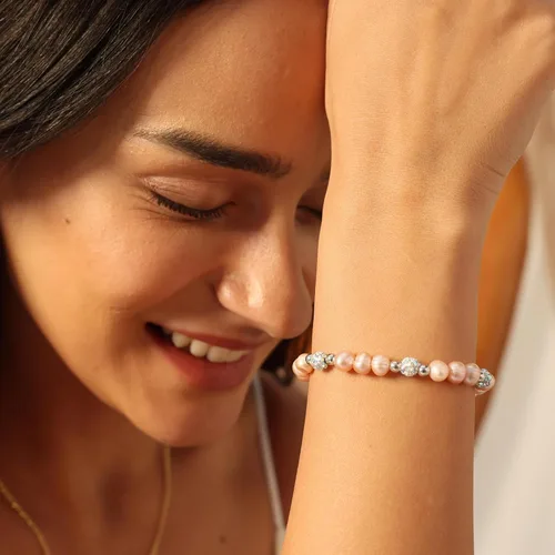 Vista 2 de Rosedate Pulsera de perlas naturales con incrustaciones de diamantes, pulsera de flores doradas, elegante y exquisita para mujeres y niñas, regalo