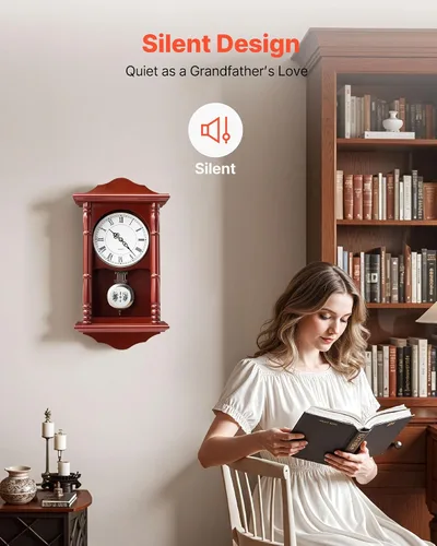 Vista 5 de VEVOR Reloj de pared vintage de abuelo, reloj de pared de madera de pino de 18 pulgadas con péndulo, relojes de pared de MDF con movimiento