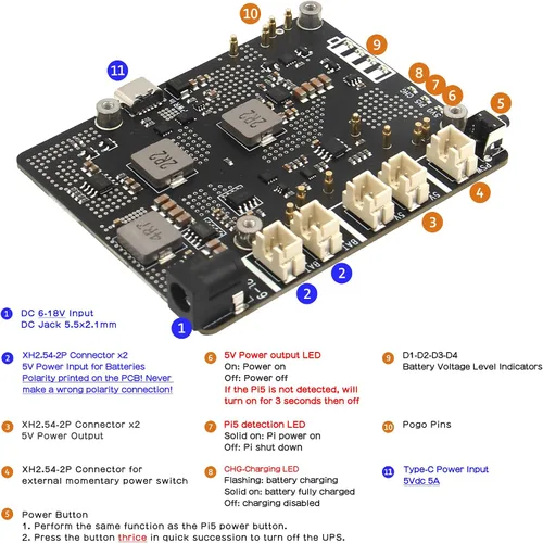 Vista 3 de Geekworm X1203 - Placa de expansión UPS de 5 V para Raspberry Pi 5, entrada ancha de 6-18 V Max 5.1V 5A Output, Power Management, Auto Power On