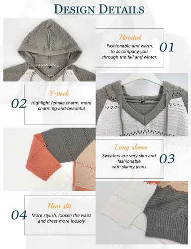 Vista 2 de Vemodoo Sudaderas con capucha de punto de bloque de color para mujer, cuello en V, cordón ligero, sudaderas con cremallera