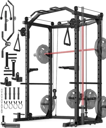 Vista 8 de GarveeLife Jaula de potencia, estantes de potencia multifuncionales para gimnasio en casa con sistema de cruce de cables, capacidad de peso de 1600