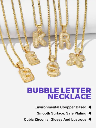 Vista 3 de Richsteel Collar brillante de circonita cúbica con letras de burbujas para hombres y mujeres, chapado en oro de 18 quilates, joyería con monograma