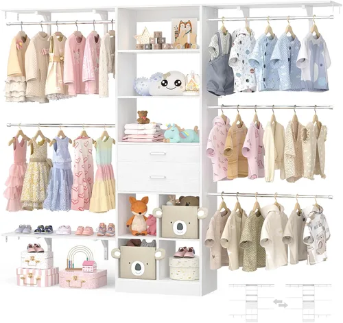Vista 9 de Sistema de armario pequeño de 5 pies, sistema organizador de armario para bebés con cajones de madera, sistema de vestidor de 60 pulgadas con 5