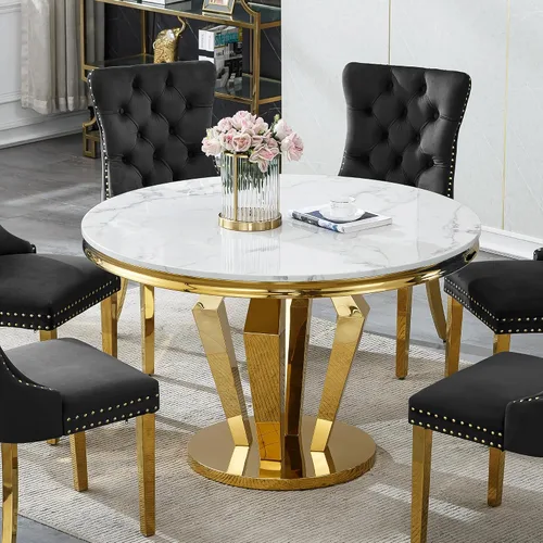 Vista 23 de Mesa de comedor de mármol negro para 4, 6, 70 pulgadas, moderna mesa de comedor de cocina dorada con base de acero inoxidable con diseño