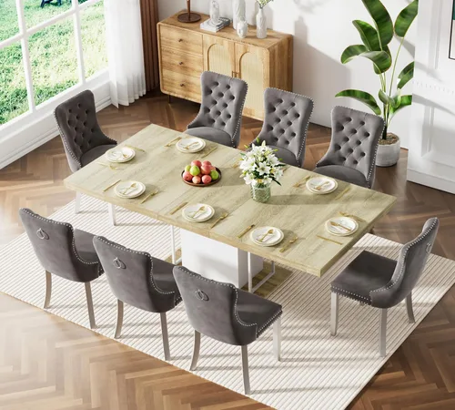 Vista 54 de Mesa de comedor extensible de 78.74 pulgadas para 6 8 y 10 pulgadas, moderna mesa de comedor extensible de granja con base de doble pedestal, mesa