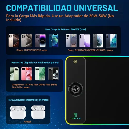 Vista 3 de TARKARI Alfombrilla de ratón RGB de carga inalámbrica magnética de 15W Negro