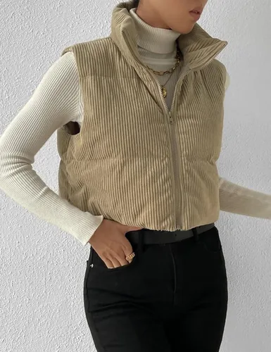 Vista 5 de Gihuo Chaleco acolchado de pana para mujer, con cuello alto, con cremallera, acolchado, sin mangas, chaleco
