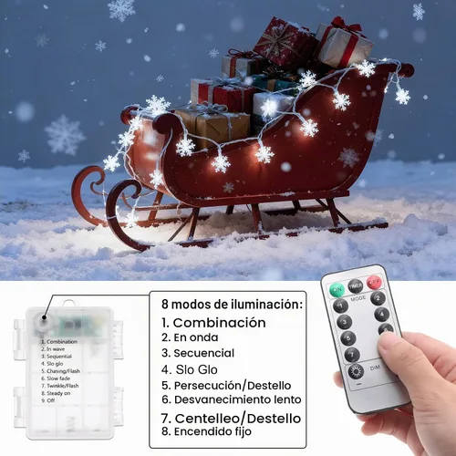 Vista 4 de Luces de Decoración de Navidad, 8 Modos y Temporizador con Control Remoto, 33 Pies 100 Luces LED Operadas con Pilas, Luces de Hadas Impermeables