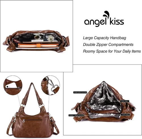 Vista 3 de Angelkiss Monederos grandes y bolsos para mujer, de piel sintética lavada, bolso cruzado de hombro