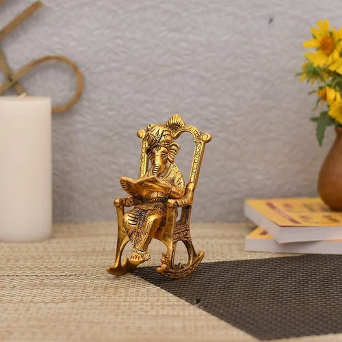 Vista 2 de Collectible India Dios hindú Ganesh Ganpati sentado en la silla, escultura de ídolo, decoración de regalos para oficina en casa