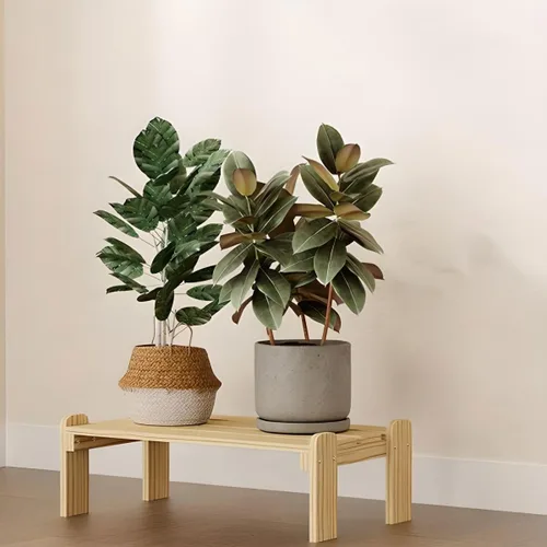 Vista 9 de Soporte rectangular para plantas de madera maciza de 1 nivel, 4 patas, flores, suculentas, rábano verde, de una sola capa, escalera de balcón Marrón