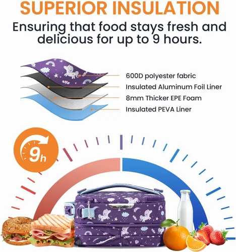 Vista 4 de Everfun Lonchera expandible para niñas con contenedor, bolsa de almuerzo Bento aislada, reutilizable, resistente al agua, bolsa de almuerzo