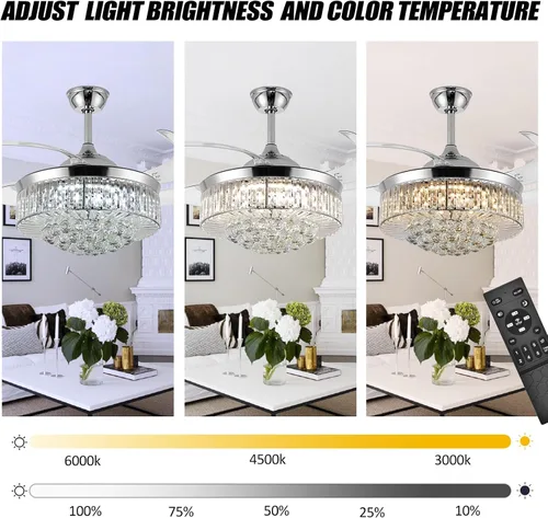 Vista 7 de Ventilador de techo invisible de 36", lámpara de araña de cristal moderna con control remoto, 4 aspas retráctiles de ABS para dormitorio, sala