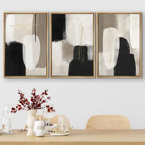 Vista 43 de SIGNFORD - Set de obras de arte en lienzo enmarcado para pared, ilustraciones abstractas de neblina del desierto en tonos neutros beige y marrón