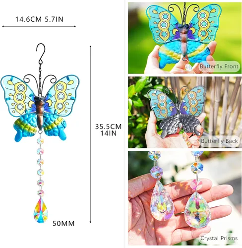 Vista 2 de Juego de 2 atrapasoles de mariposa de metal para ventanas – Decoración de pared de valla al aire libre de 14 pulgadas, prismas arcoíris