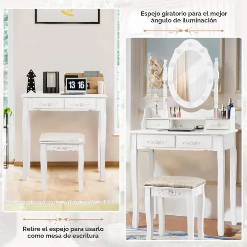 Vista 3 de CHARMAID Tocador de maquillaje con 10 luces LED, 4 cajones, estante de almacenamiento, perilla en forma de rosa, tocador de maquillaje