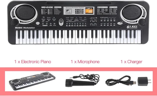 Vista 5 de Piano de teclado electrónico, piano digital eléctrico portátil de 61 teclas con micrófono, cable USB, cargador de enchufe de EE. UU., teclado