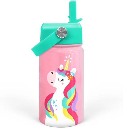 Vista 12 de SANDJEST Botella de agua para niños con tapa con pajilla, botellas de agua de acero inoxidable con aislamiento del alfabeto de 12 onzas para niños