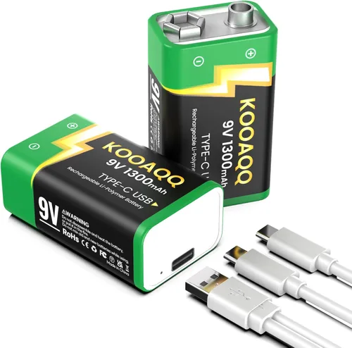 Vista 8 de Paquete de 1 baterías recargables de 9 V, recarga USB-C de 1300 mAh, 9 voltios de iones de litio de larga duración para alarmas, micrófonos