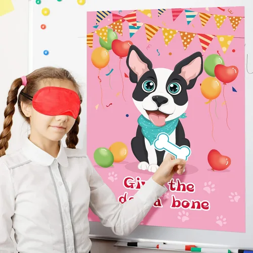 Vista 5 de Fowecelt Juego de fiesta Pin The Bone on The Dog con 48 piezas de hueso, vendas de ojos, póster y adhesivos para suministros de fiesta de cumpleaños