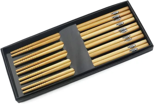 Vista 14 de Juego de 5 pares de palillos de bambú, reutilizables, estilo japonés, antideslizantes, juego de palillos clásicos de bambú natural, aptos