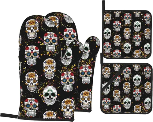 Vista 13 de Juego de 4 guantes de horno y soportes para ollas florales de los años 70, resistentes al calor, para cocina, hornear, asar a la parrilla, barbacoa