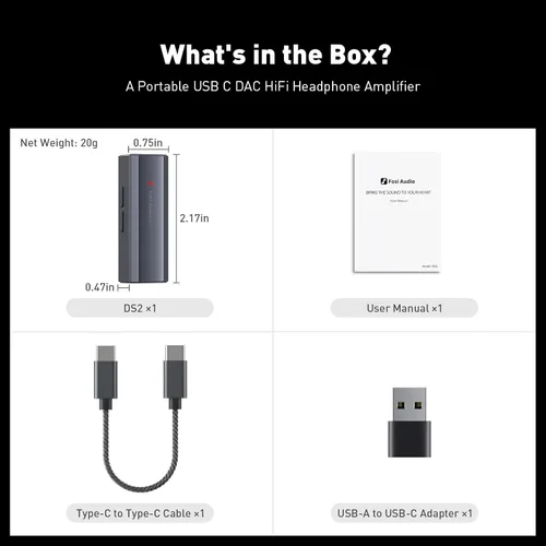 Vista 7 de Fosi Audio DS2 USB C a AUX Amplificador de auriculares DAC Dongle 0.138 in Jack Audio Amplificador portátil de doble salida DSD256 0.173 in