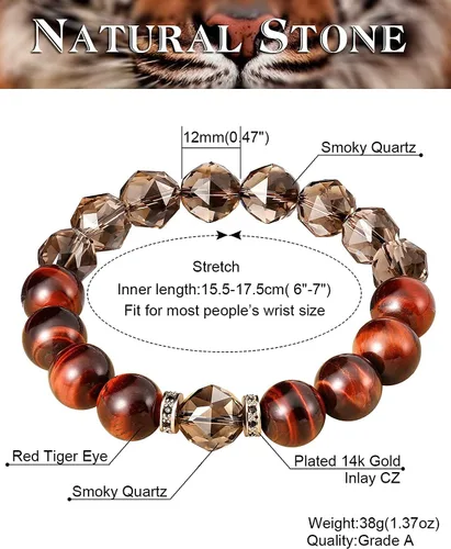Vista 7 de Jewever Pulseras de cristal de cuarzo ahumado natural con ojo de tigre rojo para hombres y mujeres, amuleto sanador energético, trae riqueza