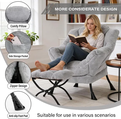 Vista 4 de Silla perezosa moderna con otomana, cómoda silla de lectura para sala de estar
