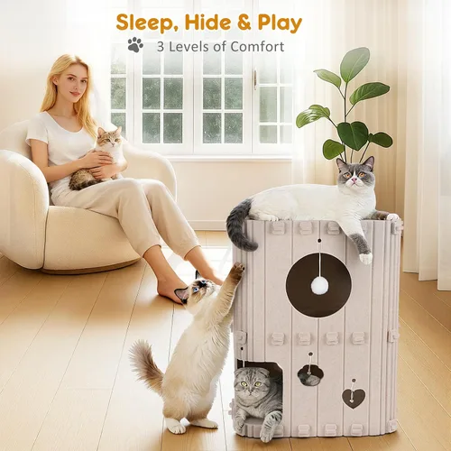 Vista 3 de Casa para gatos de interior – Cueva cerrada de 2 pisos para gatos múltiples y grandes, cubierta de fieltro para mascotas, túnel de condominio, cubo