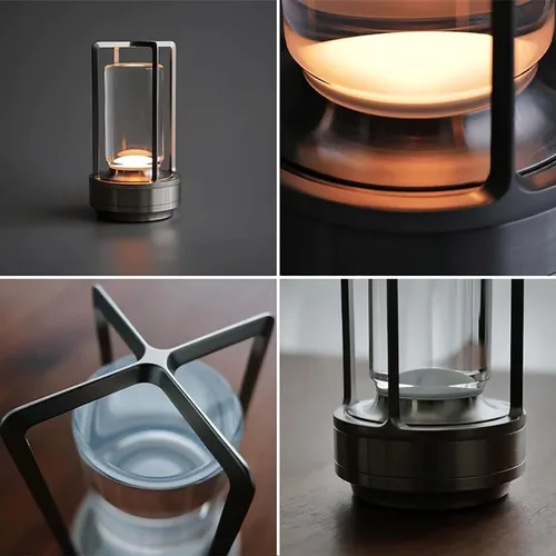 Vista 6 de Lámpara de cristal, lámpara de mesa, lámpara de farol de cristal, 3 colores, luces LED inalámbricas recargables para luces de restaurante, plateado