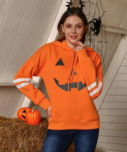 Vista 4 de Spadehill Sudaderas con capucha de esqueleto de calabaza de manga larga para mujer