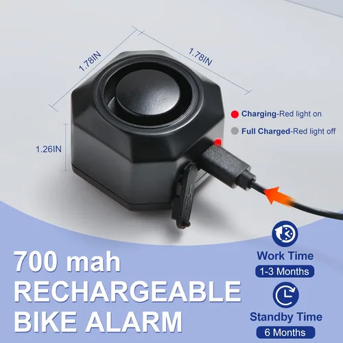 Vista 4 de Alarma de bicicleta USB recargable inalámbrica remota alarma de vehículo inteligente antirrobo cuerno de vibración con sensor de movimiento